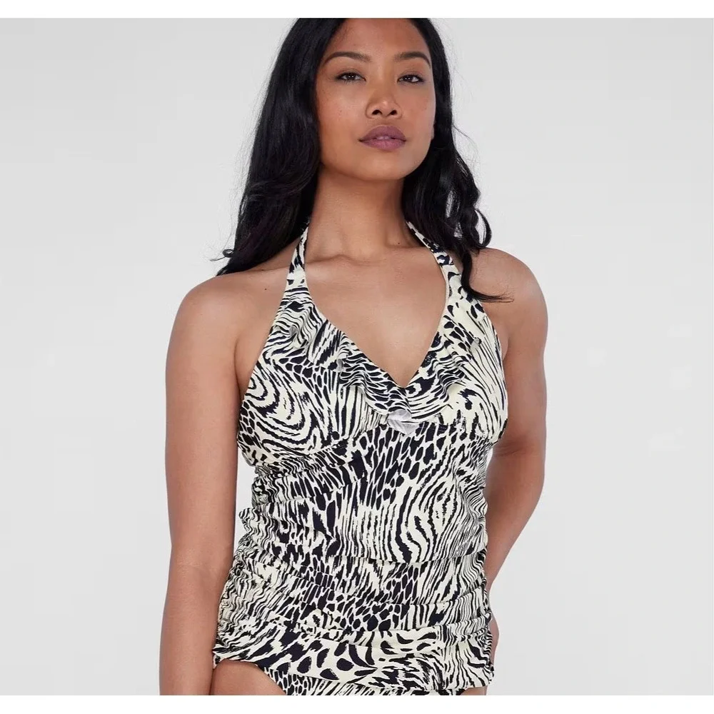 Birdsong Size 38G Animal Leopard Luxe Ruffle Halter Underwire Tankini Swim Top